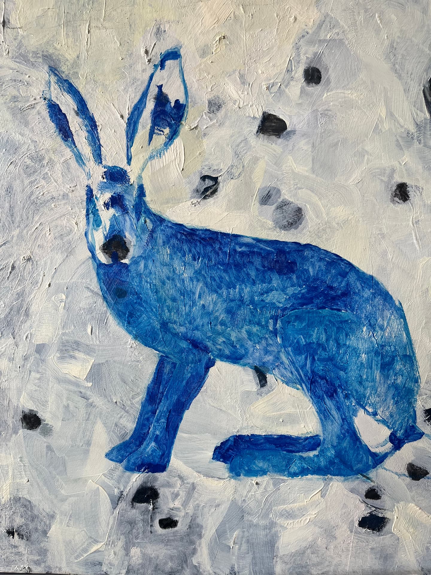 Oil painting of a blue hare in profile against a textured white and grey field scattered with dark spots