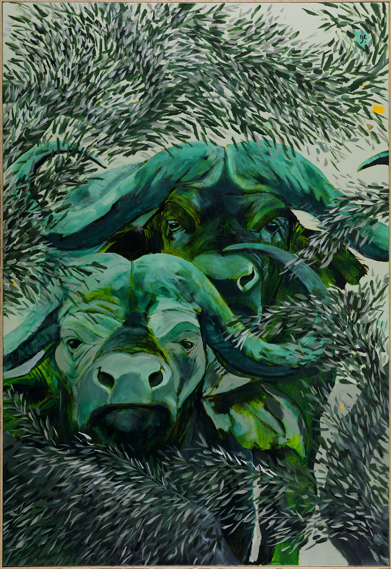Oil painting of two African buffalo with great curved horns among pale leafy foliage against a pale sky