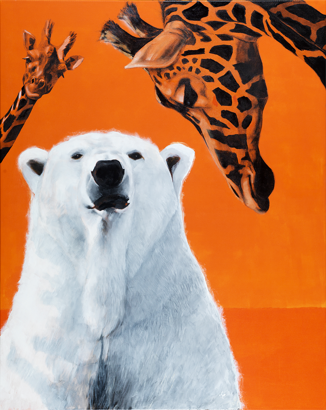 Oil painting of a polar bear beneath giraffes against a vivid orange background