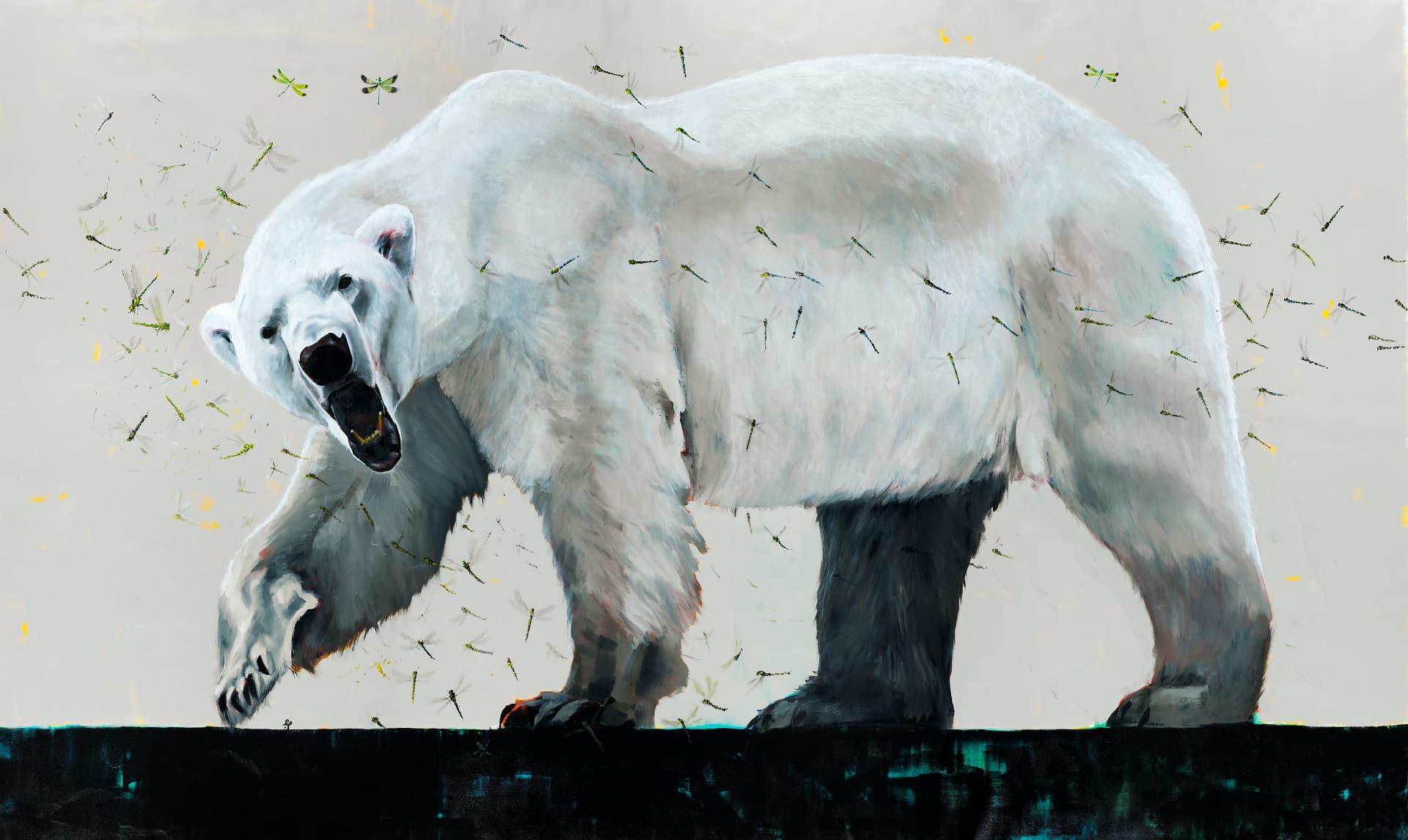 Oil painting of a roaring polar bear surrounded by dragonflies against a pale grey sky