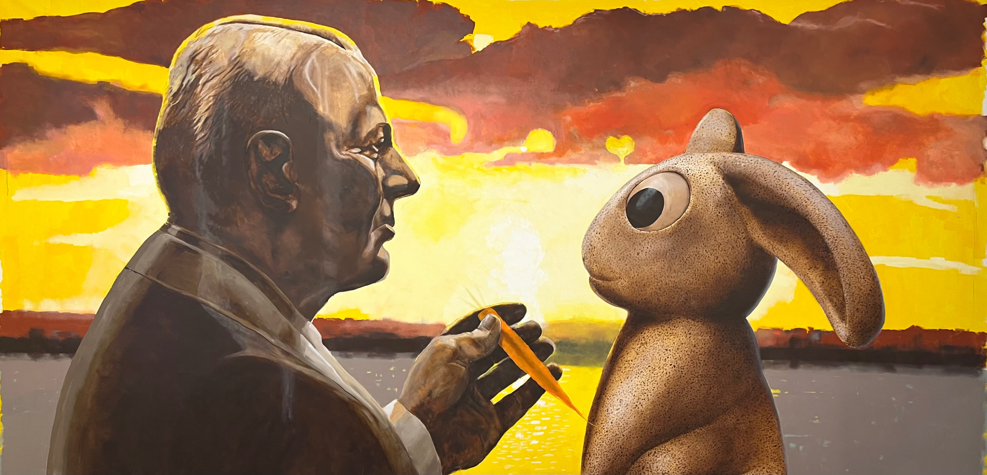 Oil painting of a suited man and a giant rabbit facing each other with a carrot against a golden sunset sky