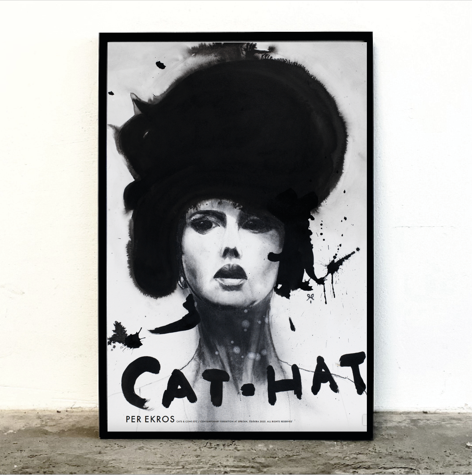 Framed exhibition poster of an ink drawing of a woman in a large black hat, titled Cat Hat