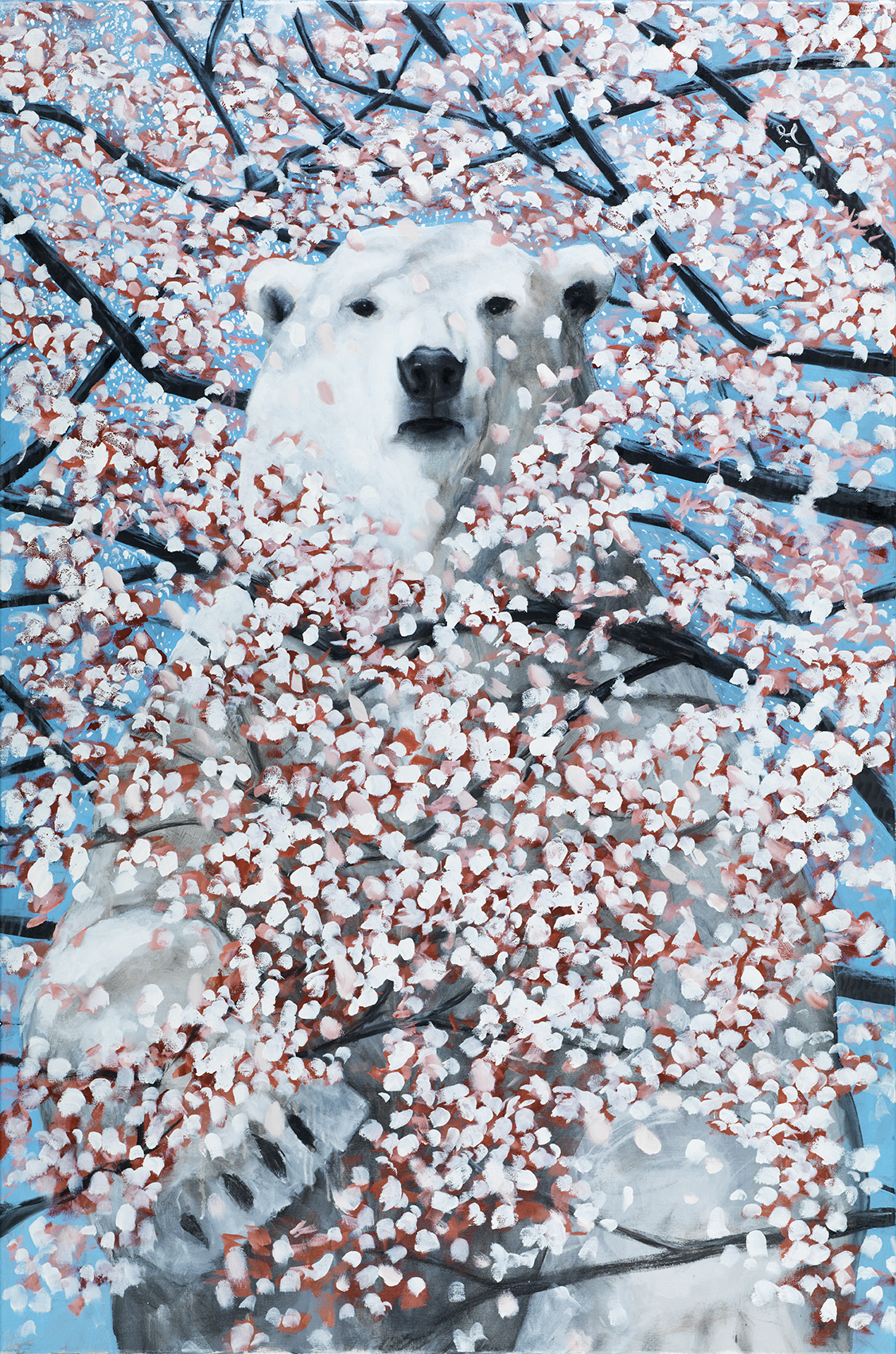 Oil painting of a polar bear behind branches of white and red cherry blossom against a blue sky