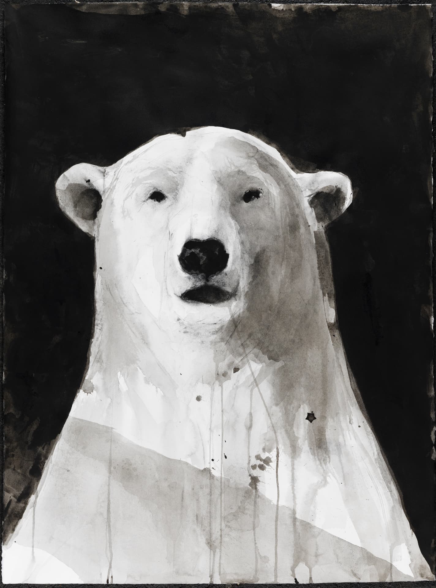 Ink painting of a polar bear emerging from a dark black background